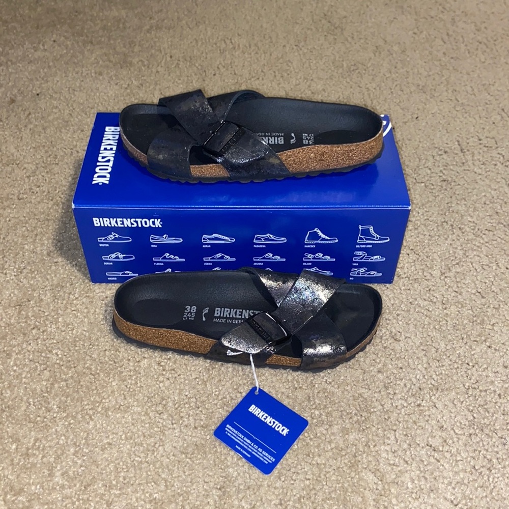Birkenstock siena metallic black and silver size 7